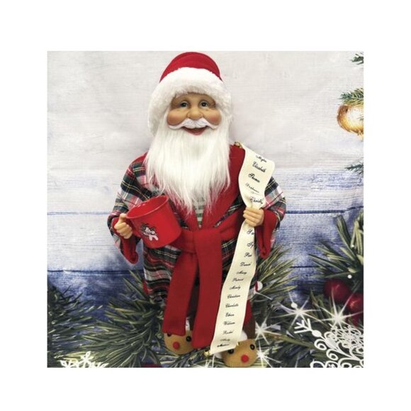 Plaid Pajama Santa 18" Figurine w/ Mug & Nice List Cozy Holiday Decor - Picture 3 of 11